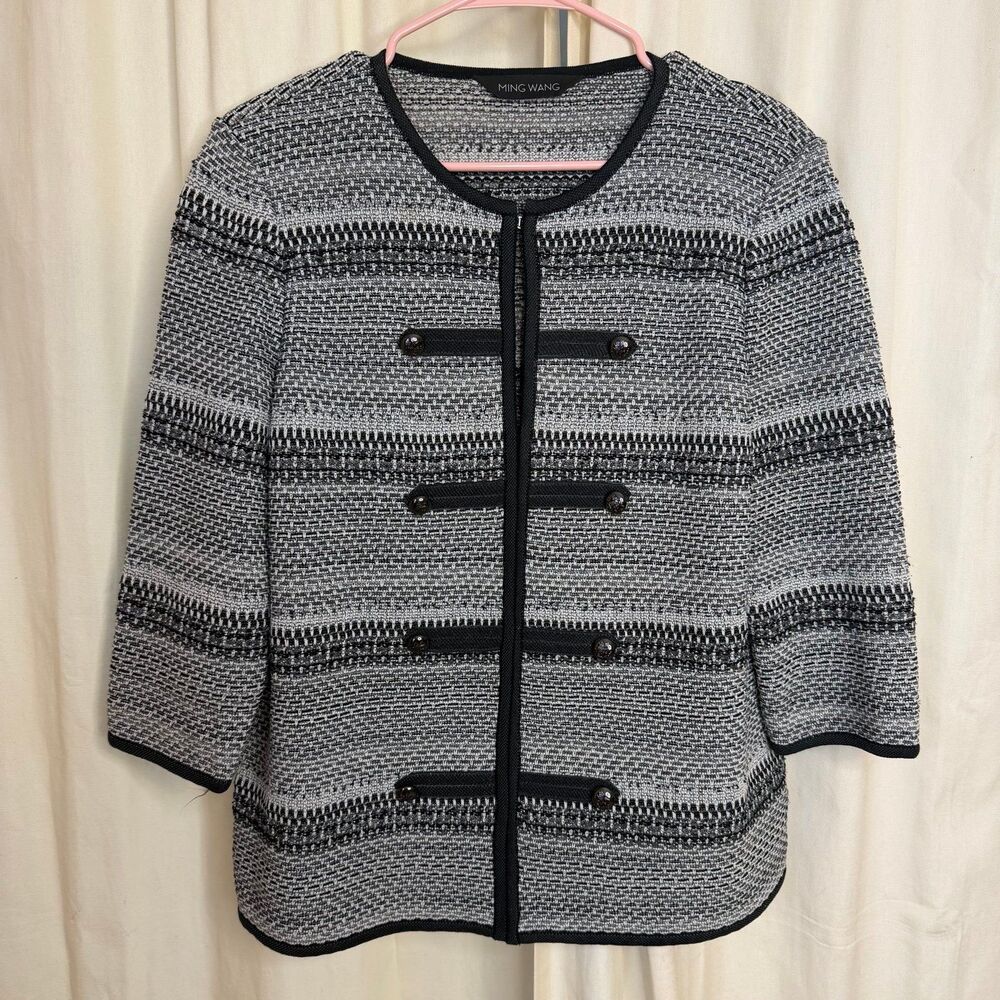 Ming Wang black white tweed military style 3/4 sleeve cardigan XL